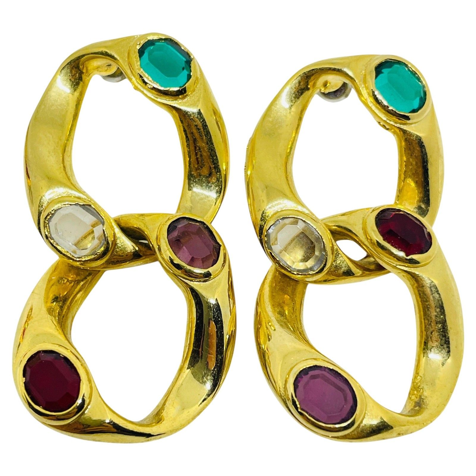 Vintage Gold Tone Jewel Glass Dangle Chain Designer Post Earrings